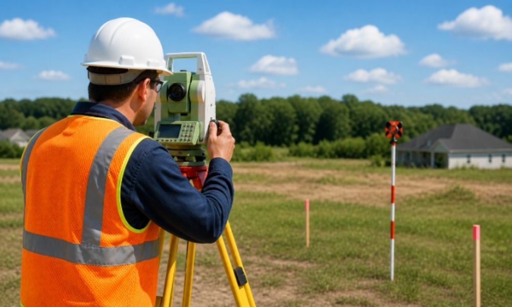 Land surveyor using equipment to measure property boundary in an open field