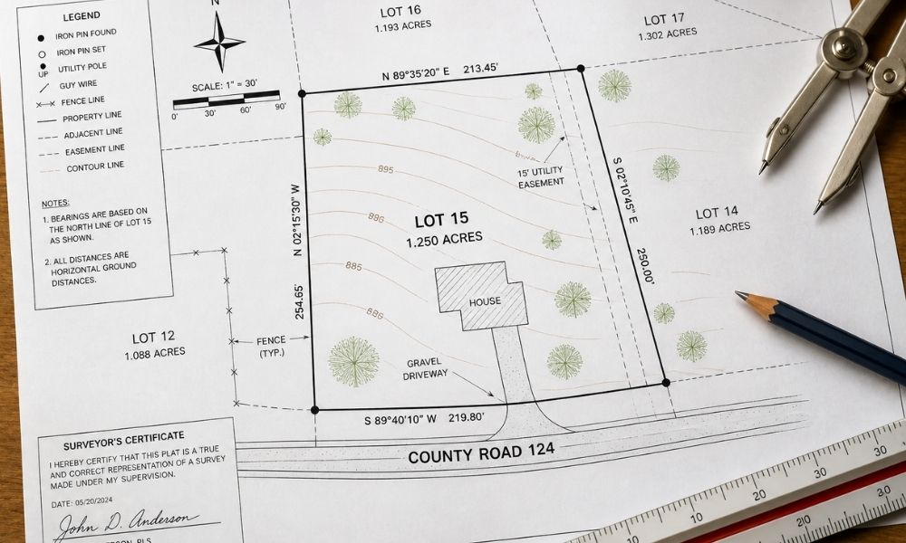 Land surveyor property boundary map showing lot lines easements measurements and site details