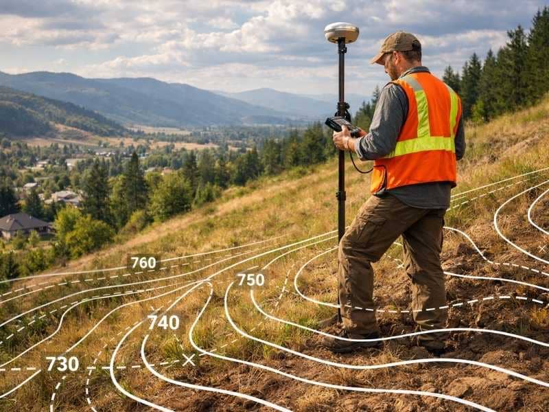 Land surveyor performing a topographic survey to map terrain elevations and contour lines on a sloped property